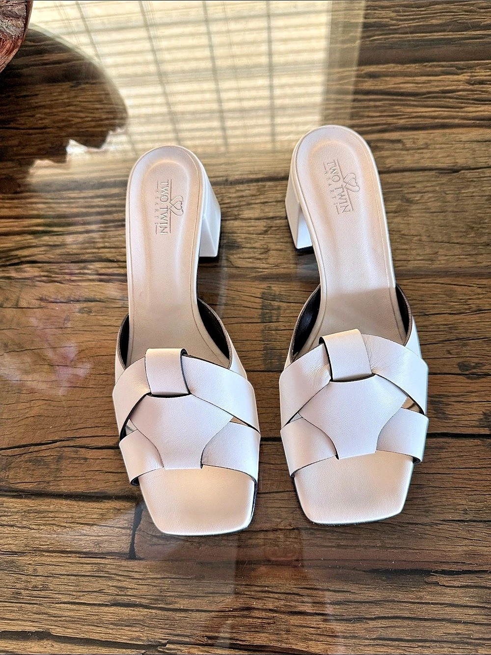 Two Twn Woven Strap Block Heel Sandals in White & Black Size US 8